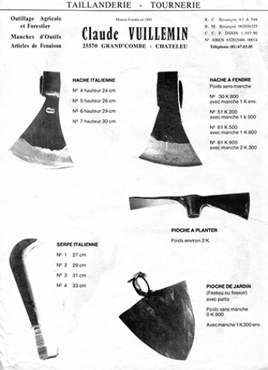 Taillanderie - tournerie Claude Vuillemin [production p. 1 : haches, pioches et serpe], 4e quart 20e siècle. © Région Bourgogne-Franche-Comté, Inventaire du patrimoine