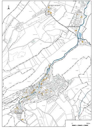 Carte de localisation des fabriques d'outillage étudiées : le village, les Epaisses, le Dessus de la Fin, les Saules et les Jean-Jacquot. Extrait du plan cadastral, 2017, sections AA, AB, AC, ZA, ZB et ZE, 1/1 000 réduit à 1/5 000. © Région Bourgogne-Franche-Comté, Inventaire du patrimoine Carte de localisation des fabriques d'outillage étudiées : le village, les Epaisses, le Dessus de la Fin, les Saules et les Jean-Jacquot. Extrait du plan cadastral, 2017, sections AA, AB, AC, ZA, ZB et ZE, 1/1 000 réduit à 1/5 000. © Région Bourgogne-Franche-Comté, Inventaire du patrimoine