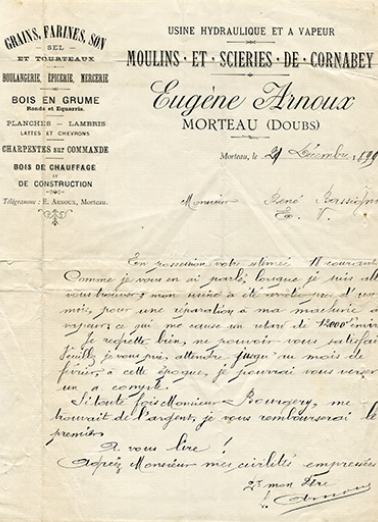 Papier à en-tête d'Eugène Arnoux, 21 décembre 1899. © Région Bourgogne-Franche-Comté, Inventaire du patrimoine Papier à en-tête d'Eugène Arnoux, 21 décembre 1899. © Région Bourgogne-Franche-Comté, Inventaire du patrimoine