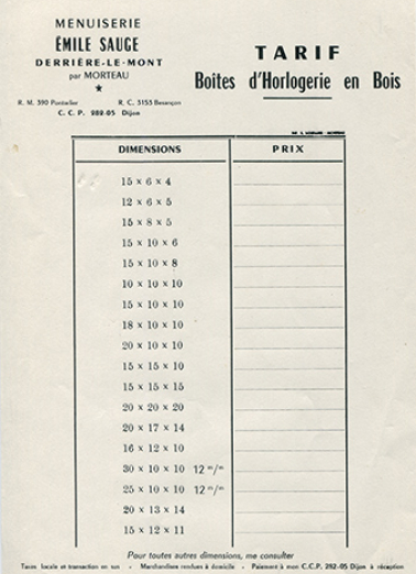 Menuiserie Emile Sauge [...] Tarif. Boîtes d'horlogerie en bois, milieu 20e siècle. © Région Bourgogne-Franche-Comté, Inventaire du patrimoine