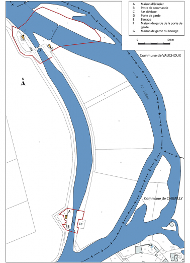 Plan masse et de situation. Détail sud du bief incluant porte de garde et site d'écluse aval. © Région Bourgogne-Franche-Comté, Inventaire du patrimoine Plan masse et de situation. Détail sud du bief incluant porte de garde et site d'écluse aval. © Région Bourgogne-Franche-Comté, Inventaire du patrimoine