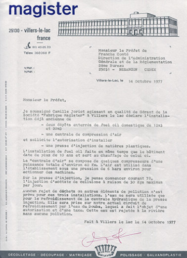 Papier à en-tête de la société Magister, 14 octobre 1977. © Région Bourgogne-Franche-Comté, Inventaire du patrimoine Papier à en-tête de la société Magister, 14 octobre 1977. © Région Bourgogne-Franche-Comté, Inventaire du patrimoine