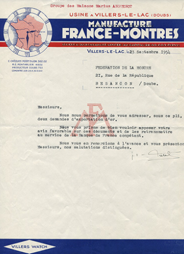 Papier à en-tête de la société Manufacture France-Montres, 23 septembre 1954. © Région Bourgogne-Franche-Comté, Inventaire du patrimoine