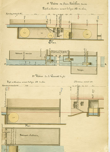 Commune de Grand'Combe. Règlement d'eau des usines [...] Dessins de détails [usines Bobillier et Vermot], 21 juin 1876. © Région Bourgogne-Franche-Comté, Inventaire du patrimoine