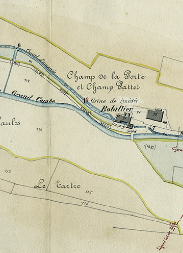 Commune de Grand'Combe. Règlement d'eau des usines [...] Plan parcellaire [détail de la partie gauche : Bobillier], 21 juin 1876. © Région Bourgogne-Franche-Comté, Inventaire du patrimoine