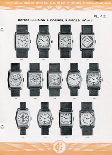 Catalogue de la Manufacture de Boîtes de Montres Gerber Frères, décennies 1920-1930 : pl. 4, boîtes Illusion à cornes, 3 pièces, 10 1/2-11'''. © Région Bourgogne-Franche-Comté, Inventaire du patrimoine Catalogue de la Manufacture de Boîtes de Montres Gerber Frères, décennies 1920-1930 : pl. 4, boîtes Illusion à cornes, 3 pièces, 10 1/2-11'''. © Région Bourgogne-Franche-Comté, Inventaire du patrimoine