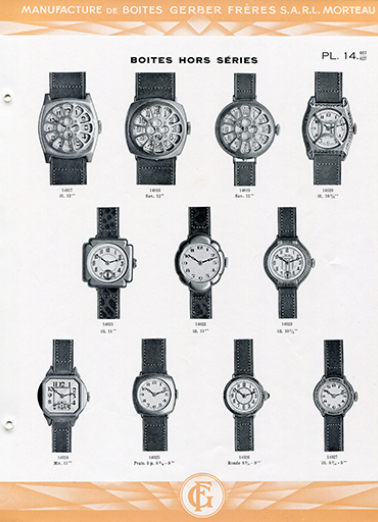 Catalogue de la Manufacture de Boîtes de Montres Gerber Frères, décennies 1920-1930 : pl. 14, boîtes hors séries. © Région Bourgogne-Franche-Comté, Inventaire du patrimoine Catalogue de la Manufacture de Boîtes de Montres Gerber Frères, décennies 1920-1930 : pl. 14, boîtes hors séries. © Région Bourgogne-Franche-Comté, Inventaire du patrimoine