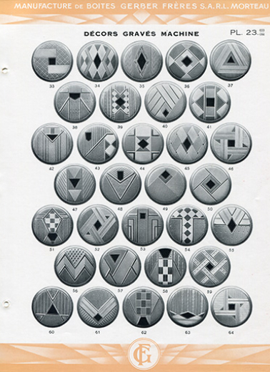 Catalogue de la Manufacture de Boîtes de Montres Gerber Frères, décennies 1920-1930 : pl. 23, décors gravés machine. © Région Bourgogne-Franche-Comté, Inventaire du patrimoine Catalogue de la Manufacture de Boîtes de Montres Gerber Frères, décennies 1920-1930 : pl. 23, décors gravés machine. © Région Bourgogne-Franche-Comté, Inventaire du patrimoine