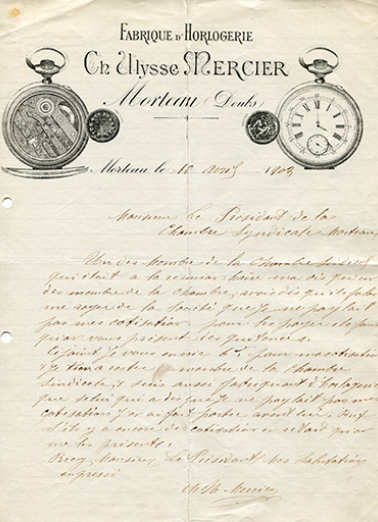 Papier à en-tête de la fabrique d'horlogerie Ch. Ulysse Mercier, 10 avril 1903. © Région Bourgogne-Franche-Comté, Inventaire du patrimoine