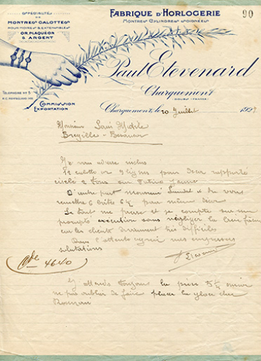 Papier à en-tête de la Fabrique d'horlogerie Paul Etevenard, 20 juillet 1927. © Région Bourgogne-Franche-Comté, Inventaire du patrimoine Papier à en-tête de la Fabrique d'horlogerie Paul Etevenard, 20 juillet 1927. © Région Bourgogne-Franche-Comté, Inventaire du patrimoine