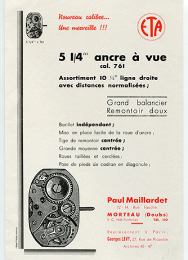 Publicité par Paul Maillardet pour le calibre ETA C 761, années 1950 ? © Région Bourgogne-Franche-Comté, Inventaire du patrimoine Publicité par Paul Maillardet pour le calibre ETA C 761, années 1950 ? © Région Bourgogne-Franche-Comté, Inventaire du patrimoine