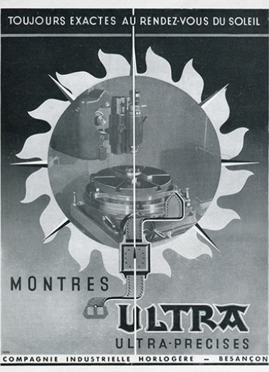 Montres Ultra, publicité, 1947. © Région Bourgogne-Franche-Comté, Inventaire du patrimoine Montres Ultra, publicité, 1947. © Région Bourgogne-Franche-Comté, Inventaire du patrimoine