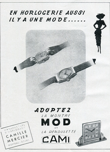 Publicité pour la montre Mod et la pendulette Cami, 1947. © Région Bourgogne-Franche-Comté, Inventaire du patrimoine