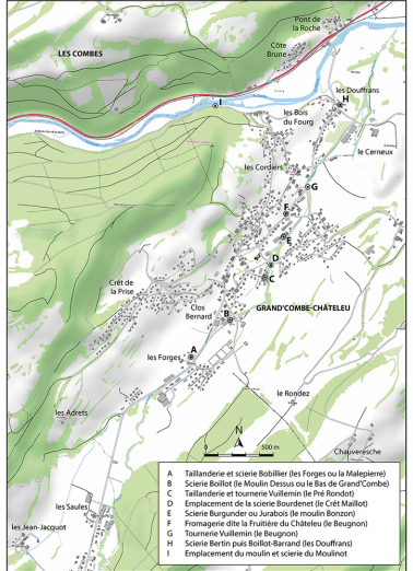 Carte de localisation des sites hydrauliques. Carte topographique à 1/25 000, I.G.N., Morteau, 3524 OT. SCAN 25 © IGN - 2008, licence n° 2008CISE29-68. © Région Bourgogne-Franche-Comté, Inventaire du patrimoine Carte de localisation des sites hydrauliques. Carte topographique à 1/25 000, I.G.N., Morteau, 3524 OT. SCAN 25 © IGN - 2008, licence n° 2008CISE29-68. © Région Bourgogne-Franche-Comté, Inventaire du patrimoine