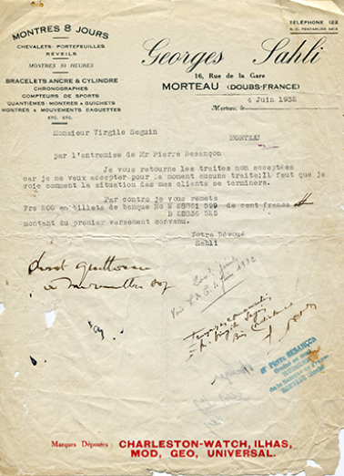 Papier à en-tête de la fabrique de montres de Georges Sahli, 4 juin 1932 © Région Bourgogne-Franche-Comté, Inventaire du patrimoine