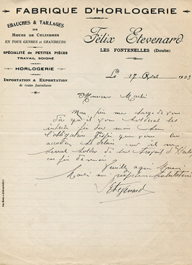 Papier à en-tête de la fabrique d'horlogerie Félix Etevenard, aux Fontenelles, 17 avril 1923. © Région Bourgogne-Franche-Comté, Inventaire du patrimoine