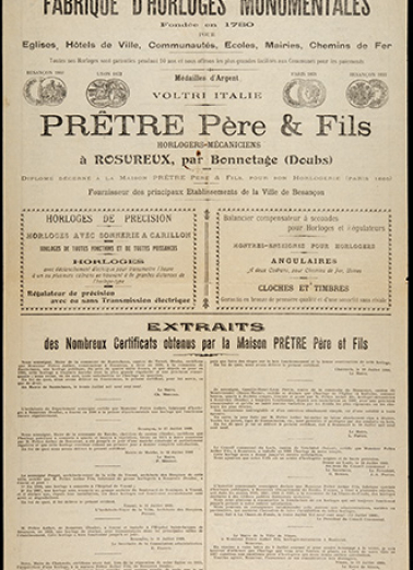 Fabrique d’horloges monumentales Prêtre Père & Fils [affiche publicitaire : recto], 1909. © Région Bourgogne-Franche-Comté, Inventaire du patrimoine