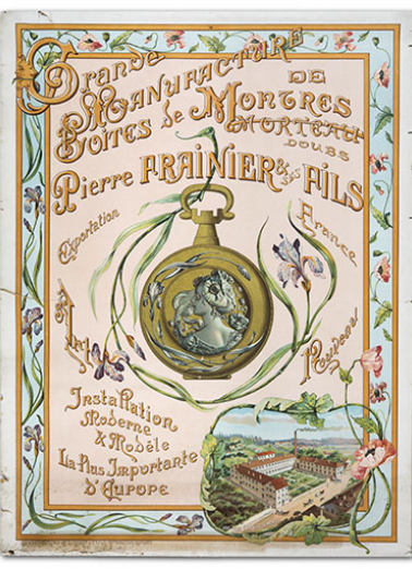 Affiche publicitaire de la fabrique de boîtes de montre Frainier, à Morteau, vers 1902 ? © Région Bourgogne-Franche-Comté, Inventaire du patrimoine