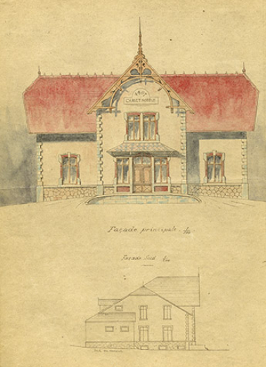 Projet de construction d'un chalet-modèle. Façade principale et façade sud, 1906. © Région Bourgogne-Franche-Comté, Inventaire du patrimoine