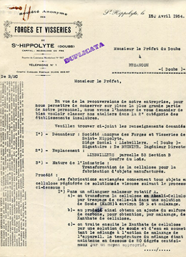 Papier à en-tête de la Société anonyme des Forges et Visseries de St-Hippolyte, 15 avril 1954. © Région Bourgogne-Franche-Comté, Inventaire du patrimoine