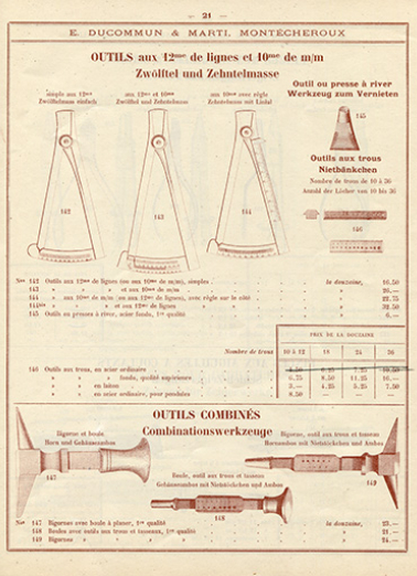 Tarif-album [...] E. Ducommun & Marti successeurs [catalogue de production, p. 21 : outils aux 12e et aux 10e, et outils combinés], [années 1920-1930]. © Région Bourgogne-Franche-Comté, Inventaire du patrimoine