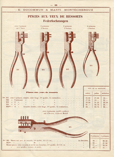 Tarif-album [...] E. Ducommun & Marti successeurs [catalogue de production, p. 39 : pinces pour horloger], [années 1920-1930]. © Région Bourgogne-Franche-Comté, Inventaire du patrimoine