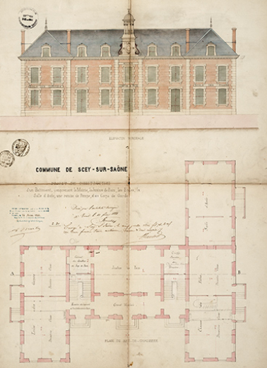 Renahy. Élévation et plan du rez-de-chaussée. 1866. © Région Bourgogne-Franche-Comté, Inventaire du patrimoine Renahy. Élévation et plan du rez-de-chaussée. 1866. © Région Bourgogne-Franche-Comté, Inventaire du patrimoine