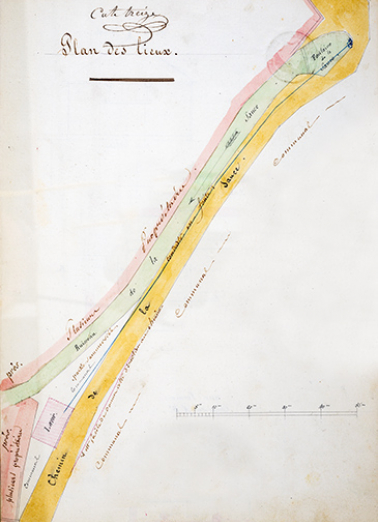 Noirot-Hugon. Plan des lieux [pour la construction de la fontaine-lavoir de la Sauce à Scey-sur-Saône-et-Saint-Albin]. 1848. © Archives départementales de la Haute-Saône
