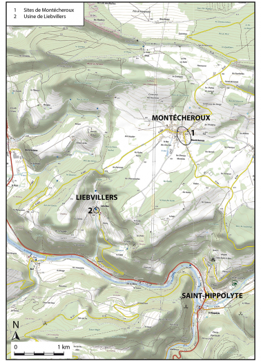 Carte de localisation des sites de Montécheroux et Liebvillers. Extrait de la carte IGN au 1/25 000. © Région Bourgogne-Franche-Comté, Inventaire du patrimoine Carte de localisation des sites de Montécheroux et Liebvillers. Extrait de la carte IGN au 1/25 000. © Région Bourgogne-Franche-Comté, Inventaire du patrimoine