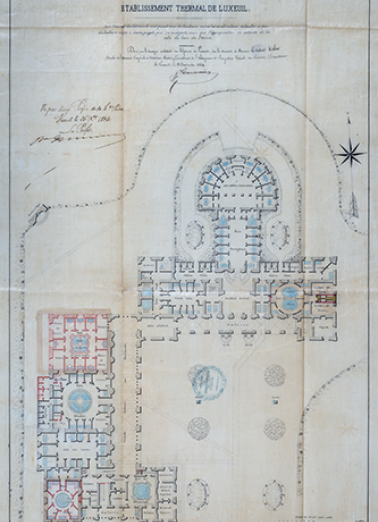 Plan de l'établissement thermal localisant les deux "buvettes" dans la cour en 1864. © Région Bourgogne-Franche-Comté, Inventaire du patrimoine