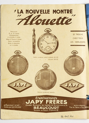La nouvelle montre "Alouette" [page de catalogue], 1935. © Région Bourgogne-Franche-Comté, Inventaire du patrimoine