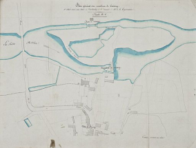"Plan des moulins de Cuisery et détails divers devant servir à l'instruction de la demande M. de la Teyssonnière, feuille n°1". Sans doute vers 1842. (Archives VNF-direction territoriale Centre-Bourgogne ; subdivision de Montceau-les-Mines) © Région Bourgogne-Franche-Comté, Inventaire du patrimoine