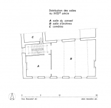 Plan de l'étage avec destination des différentes salles. © Région Bourgogne-Franche-Comté, Inventaire du patrimoine