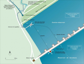 Plan schématique du réservoir de Grosbois, détail du barrage et du contre-réservoir. © Région Bourgogne-Franche-Comté, Inventaire du patrimoine