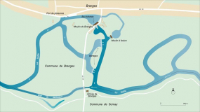 Plan schématique du site de l'écluse de Branges, des barrages et des moulins. © Région Bourgogne-Franche-Comté, Inventaire du patrimoine