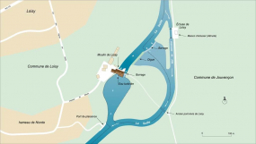 Plan schématique du site de l'écluse de Loisy, des barrages, du pont et du moulin de Loisy. © Région Bourgogne-Franche-Comté, Inventaire du patrimoine
