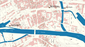 Carte schématique de l'ancien tracé du canal du Nivernais dans la ville de Clamecy (état actuel). © Région Bourgogne-Franche-Comté, Inventaire du patrimoine