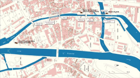 Carte schématique de l'ancien tracé du canal du Nivernais dans la ville de Clamecy avec étiquettes de description des différents éléments. © Région Bourgogne-Franche-Comté, Inventaire du patrimoine