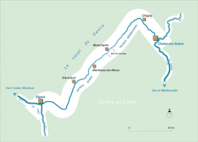 Carte schématique du tracé du canal du Centre. © Région Bourgogne-Franche-Comté, Inventaire du patrimoine