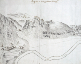 "Perspective de Joux qui regarde vers la Suisse". (Entre 1589 et 1689), tiré de l'Atlas 106. © Région Bourgogne-Franche-Comté, Inventaire du patrimoine