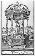 Gravure sur bois, datée 1695, représentant la statue de Notre-Dame de Gray sous un dais à colonne. © Région Bourgogne-Franche-Comté, Inventaire du patrimoine