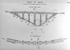 Viaduc de Valfin à 6 arches de 10 m d'ouverture plein-cintre. Plan d'ensemble [et] Elévation amont, [1919]. © Région Bourgogne-Franche-Comté, Inventaire du patrimoine