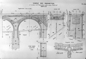 Viaduc des Rochettes à 3 arches de 8 m d'ouverture plein-cintre. Coupe [et] Gargouille, [1919]. © Région Bourgogne-Franche-Comté, Inventaire du patrimoine