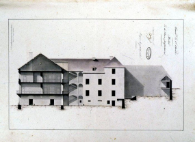 Coupe longitudinale par Joseph-Marie Dalloz, architecte de la ville [19e siècle]. © Région Bourgogne-Franche-Comté, Inventaire du patrimoine