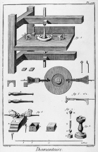 Diamantaire [banc de taille, pince (tenaille de lapidaire) et coquille (dop), débrutage (" égrisage ")]. © Région Bourgogne-Franche-Comté, Inventaire du patrimoine