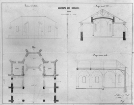 Agrandissement de l'église : plan, élévation de l'abside, coupes, 1856. © Région Bourgogne-Franche-Comté, Inventaire du patrimoine