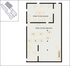 Plan de localisation des machines à estamper (presses à friction). © Région Bourgogne-Franche-Comté, Inventaire du patrimoine