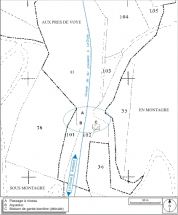 Plan-masse et de situation. Extrait du plan cadastral informatisé, 2006, section A, échelle 1:1000. © Région Bourgogne-Franche-Comté, Inventaire du patrimoine