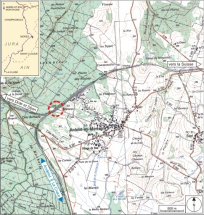 Carte et schéma de localisation. Carte topographique, IGN, 2000, dalle F087_046, échelle 1:25 000. Scan 25, licence n° 2008/CISE/2968. © Région Bourgogne-Franche-Comté, Inventaire du patrimoine