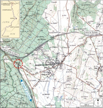 Carte et schéma de localisation. Carte topographique, IGN, 2000, dalle F087_046, échelle 1:25 000. Scan 25, licence n° 2008/CISE/2968. © Région Bourgogne-Franche-Comté, Inventaire du patrimoine